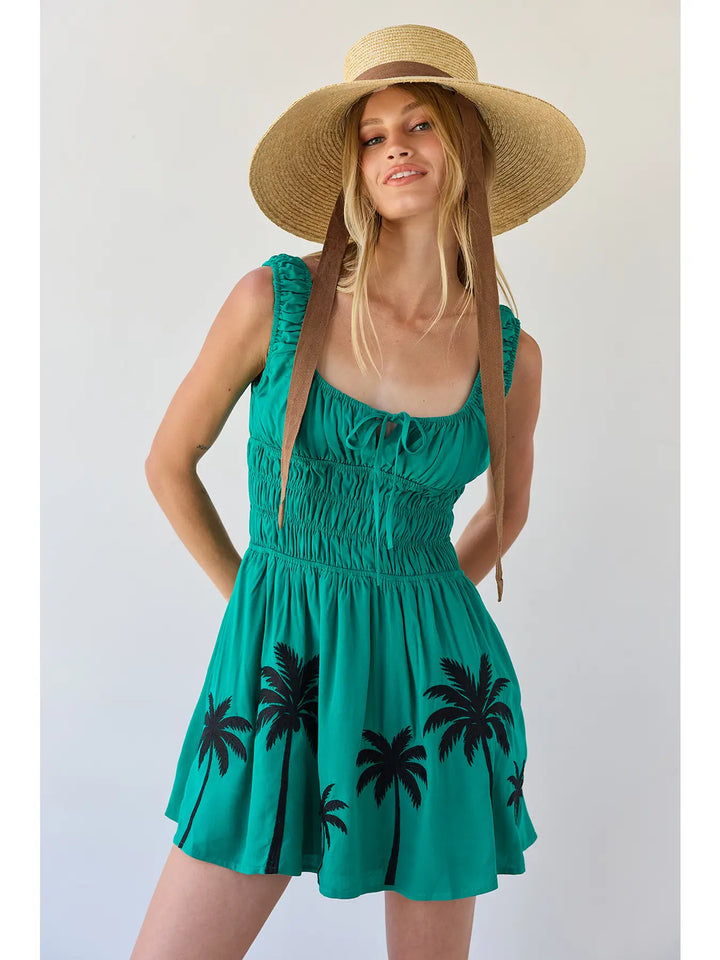 Tropical Palm Embroidered Smocked Mini Dress