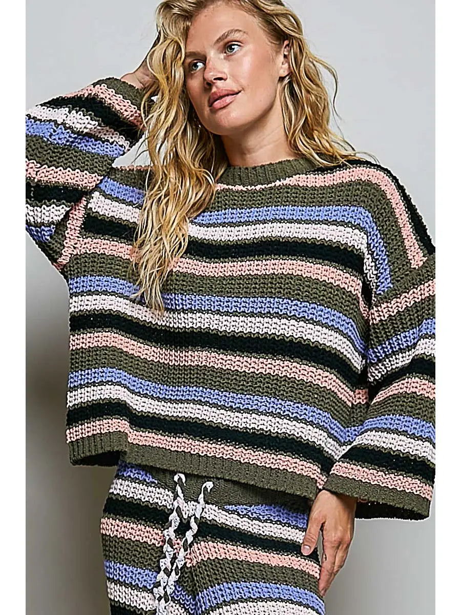 Striped Pattern Round Neck Chenille Sweater Pullover Top