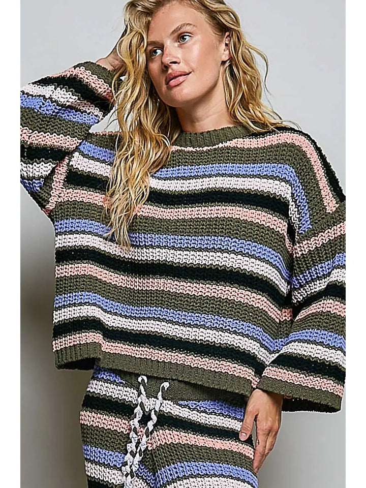 Striped Pattern Round Neck Chenille Sweater Pullover Top