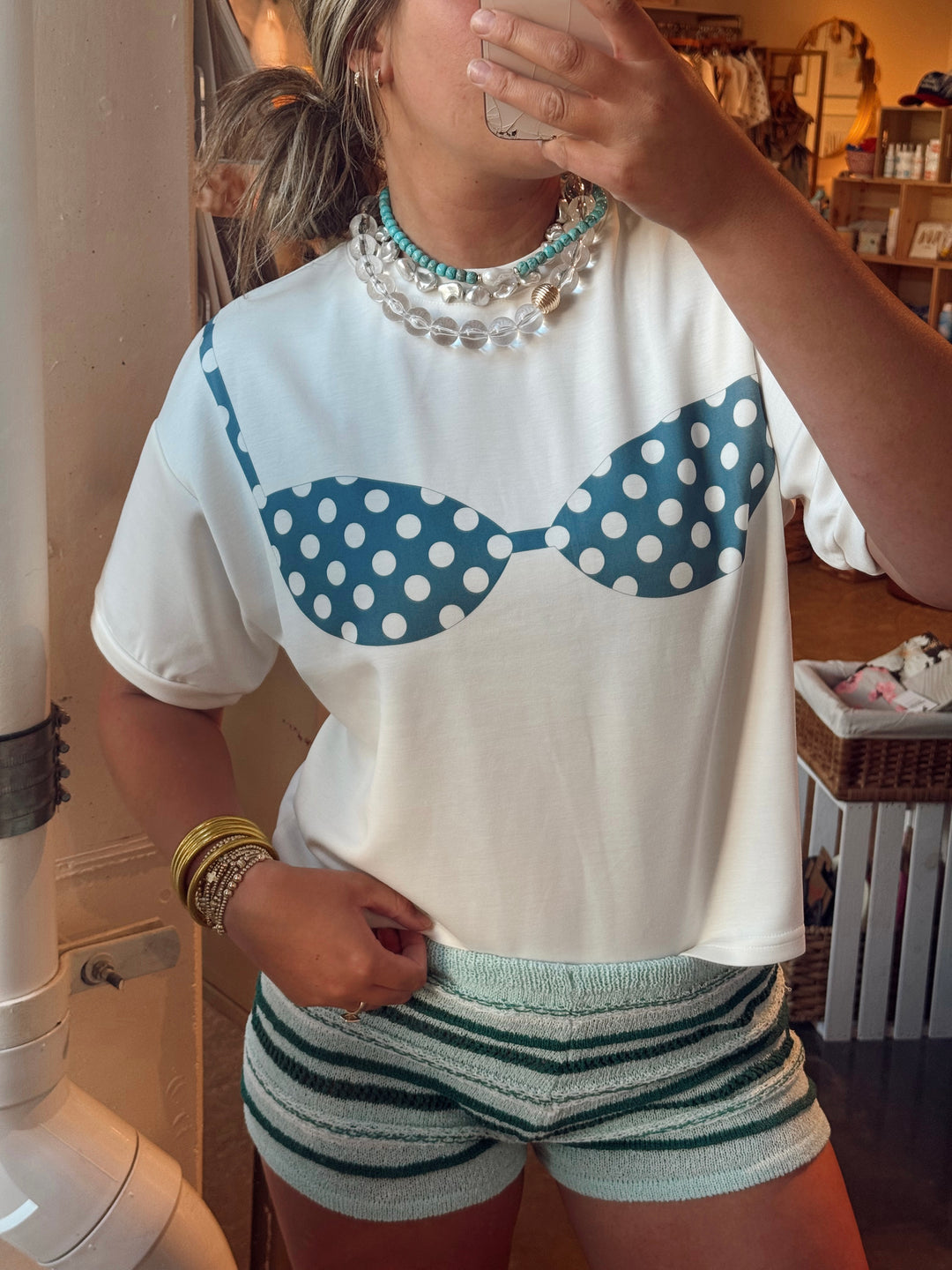 Blue Daydream In Polka Dots Bikini Top
