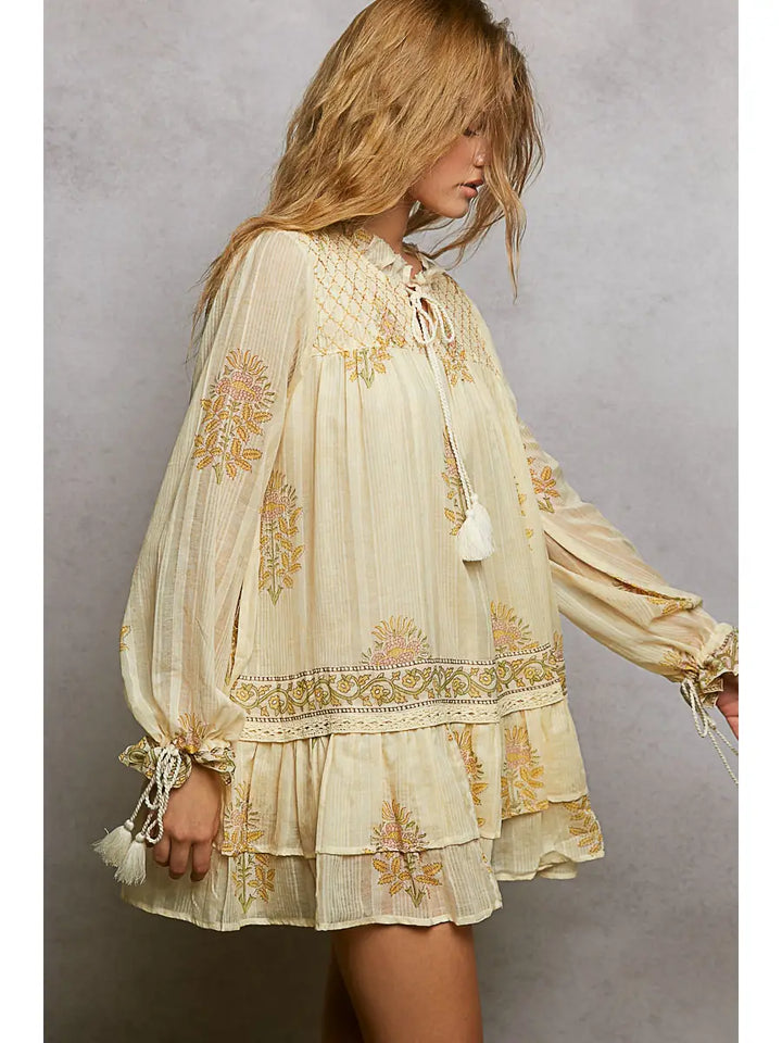 Bohemian Long Sleeve Floral Dress with Tassels | POL