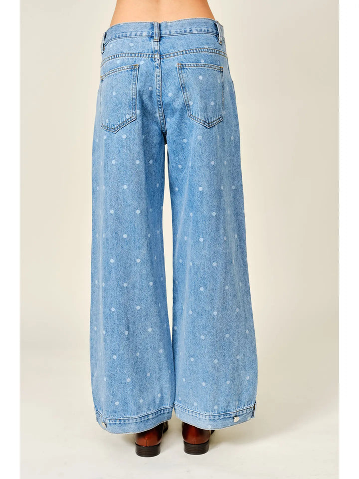 Polka Dot Curved Seam Denim Pants