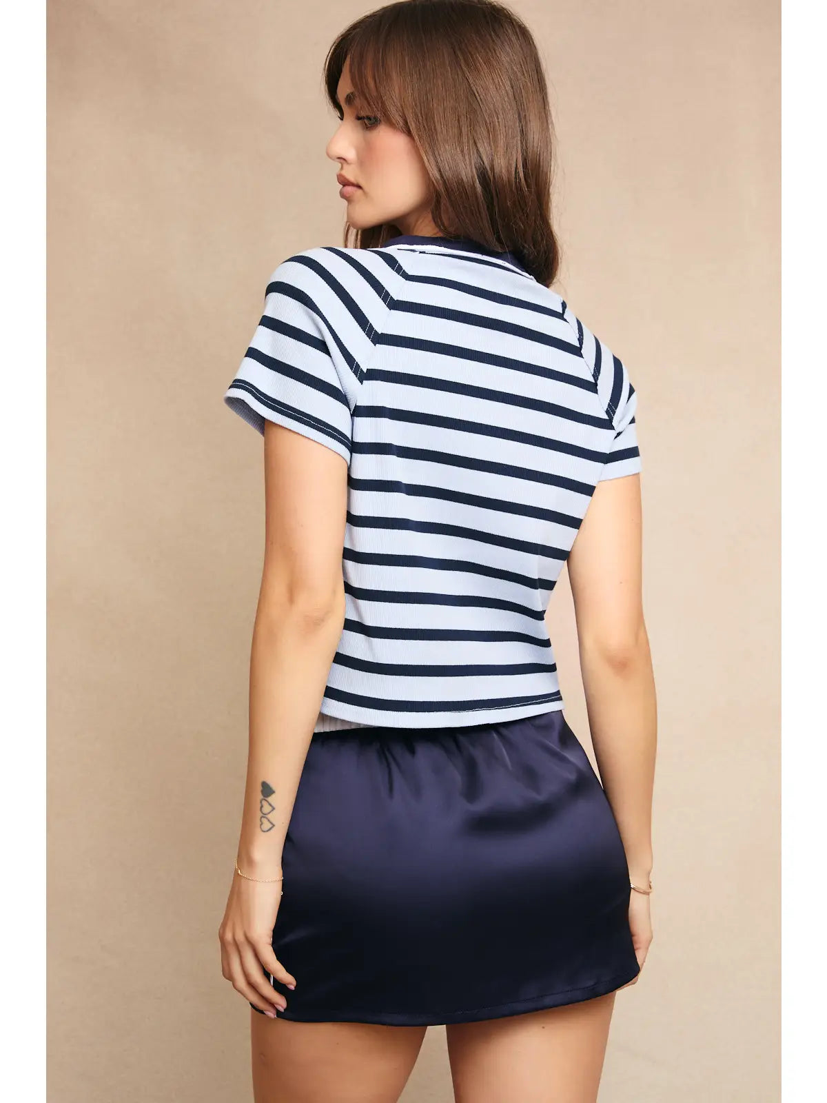 Stripe Short Sleeve Top with Contrast Neckband
