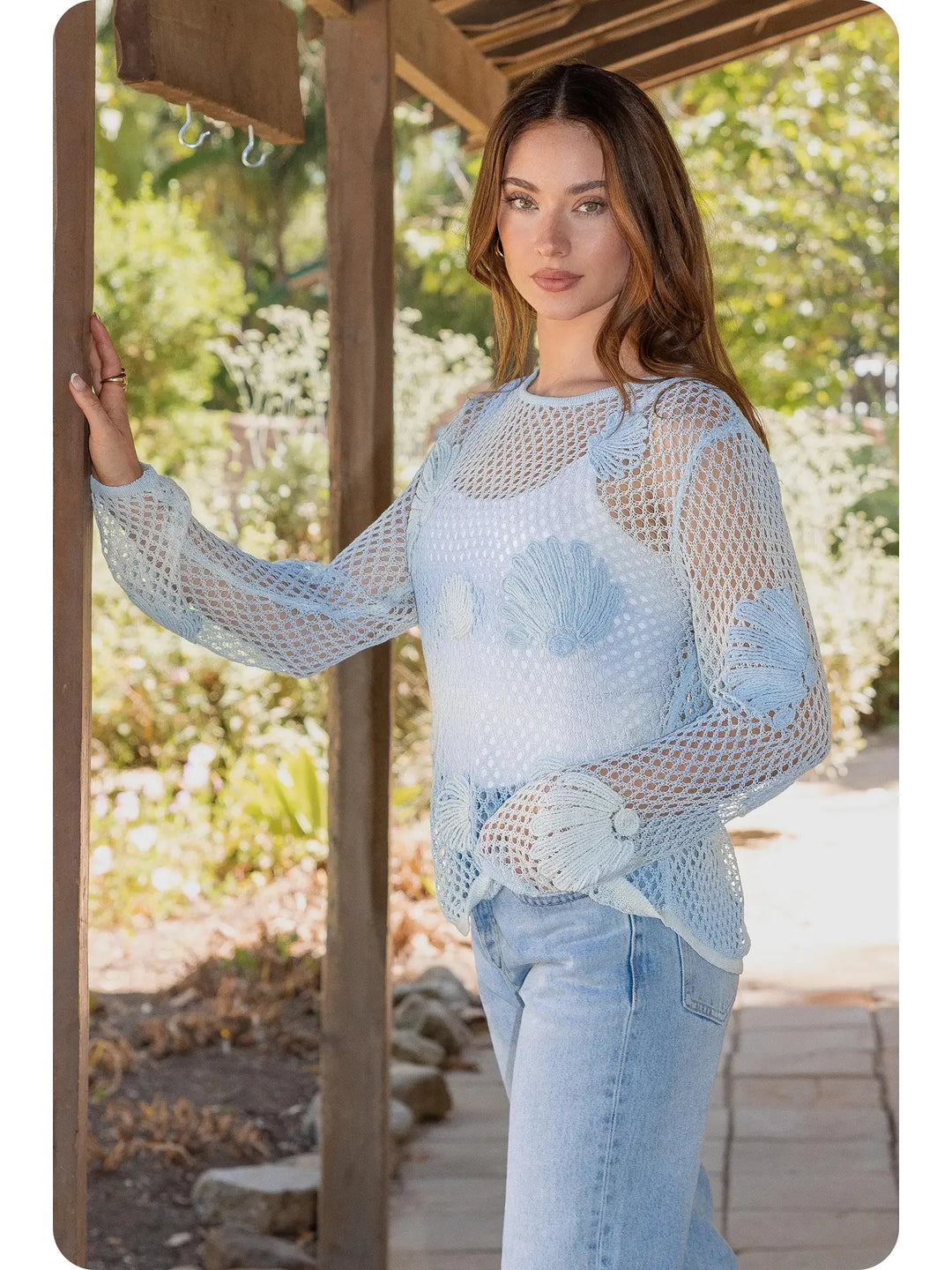 Ombre Coastal Seashell Embroidered Open Knit Top