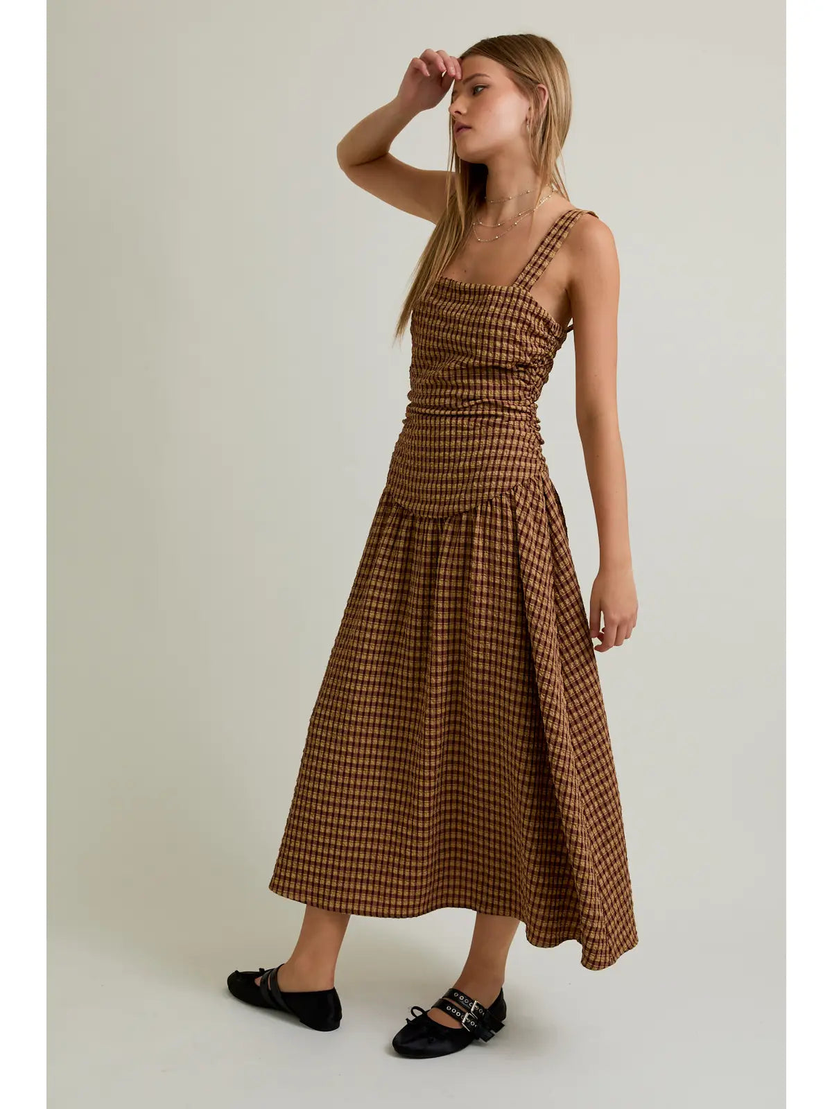 Sleeveless Square Neck Dropped Waist Plaid Midi Dress