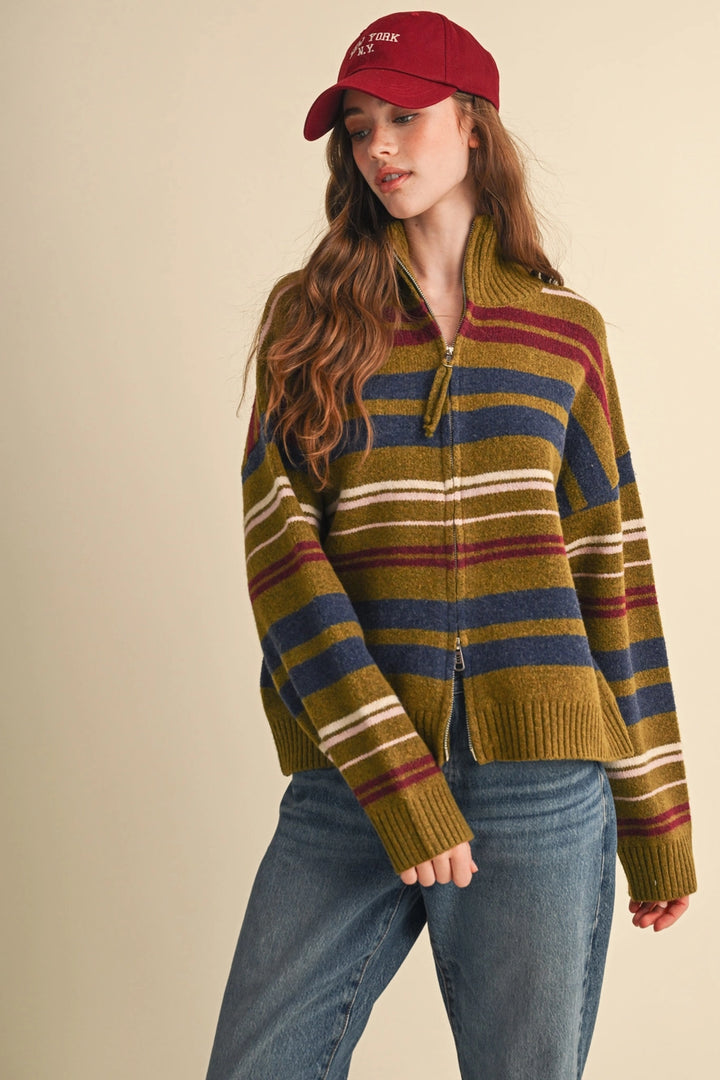 Striped Mock Neck Zip Up Cardigan