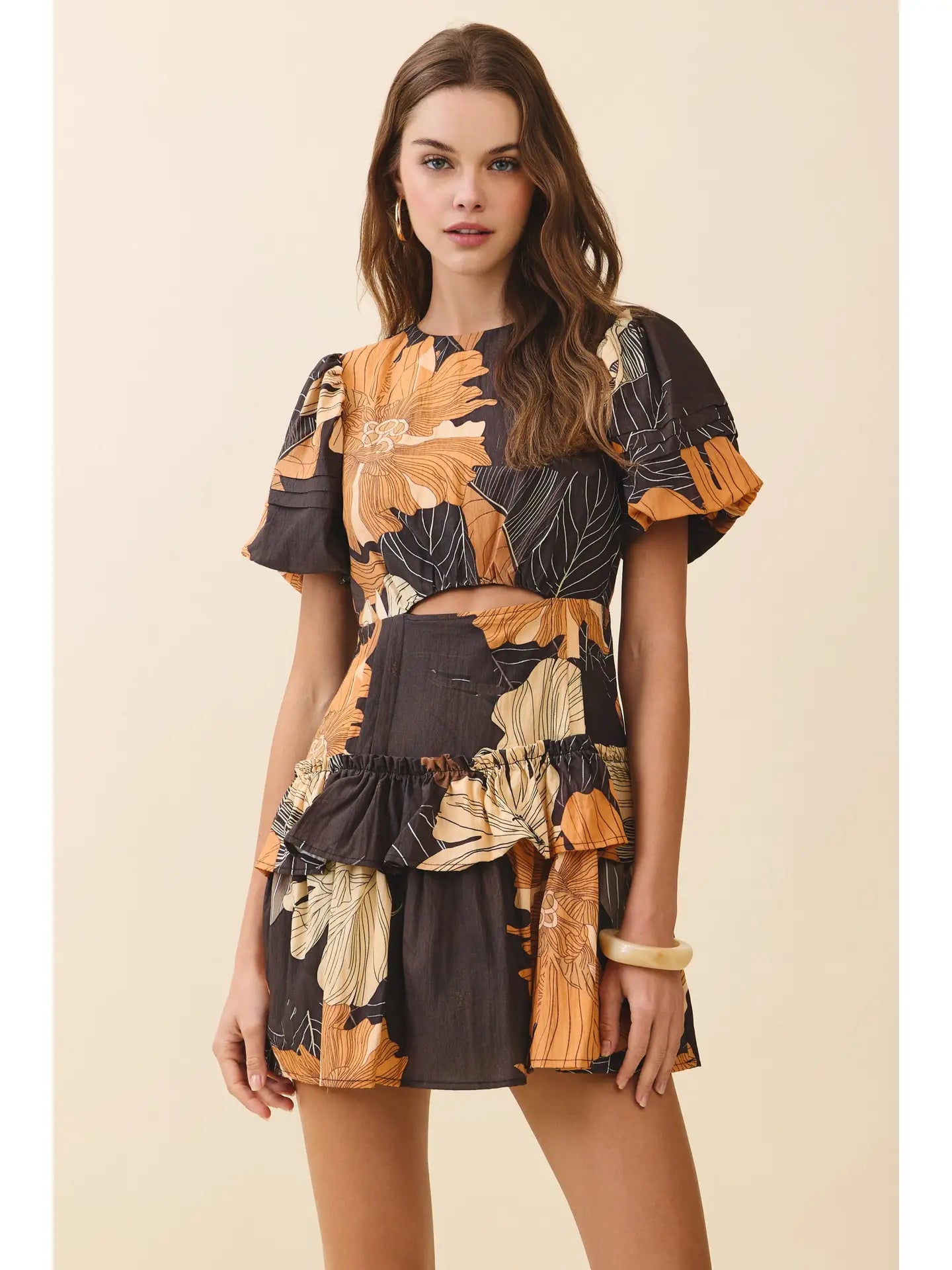 Floral Print Fitted Bodice Waist Cutout Mini Dress