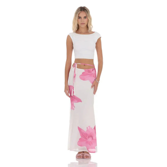 Mesh Floral Maxi Skirt in White