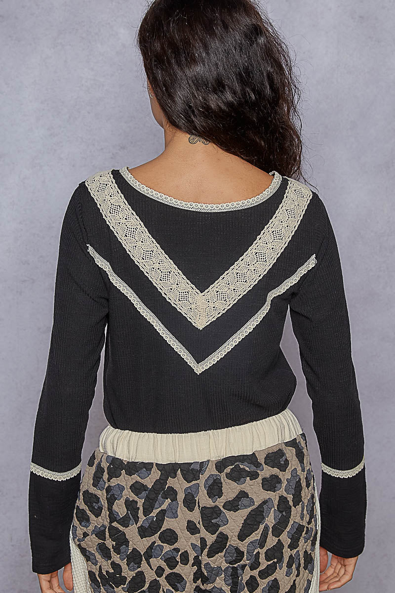 Long Sleeve Double Gauze Solid Knit Rib Top