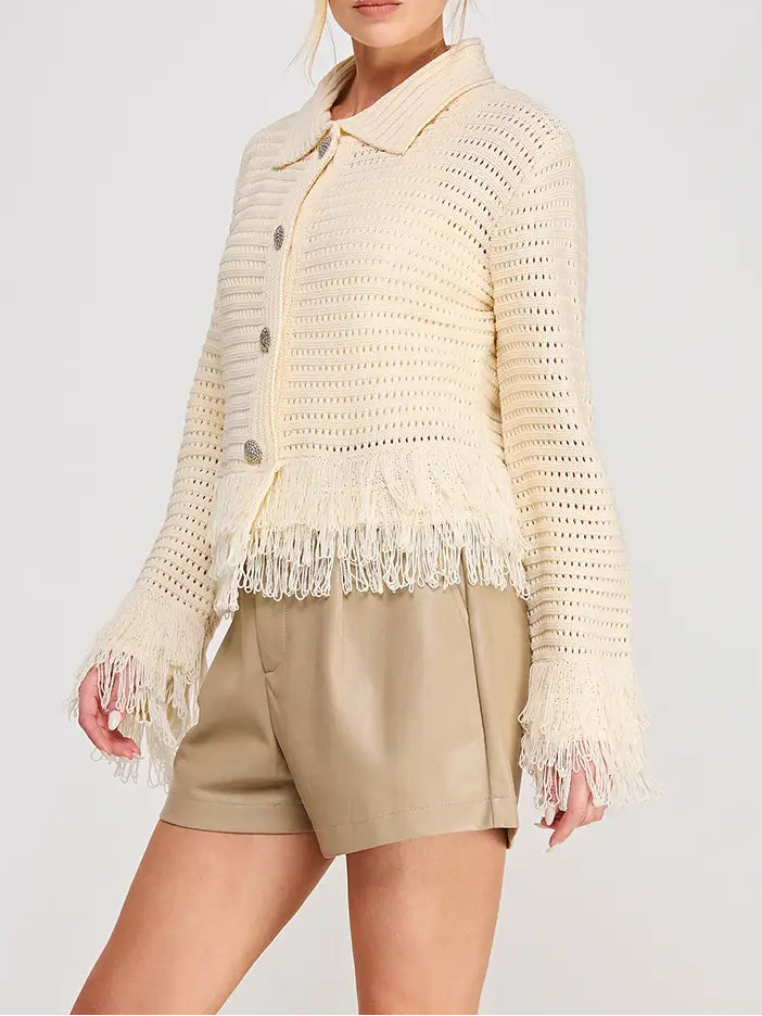 Open Knit Collared Fringe Cardigan