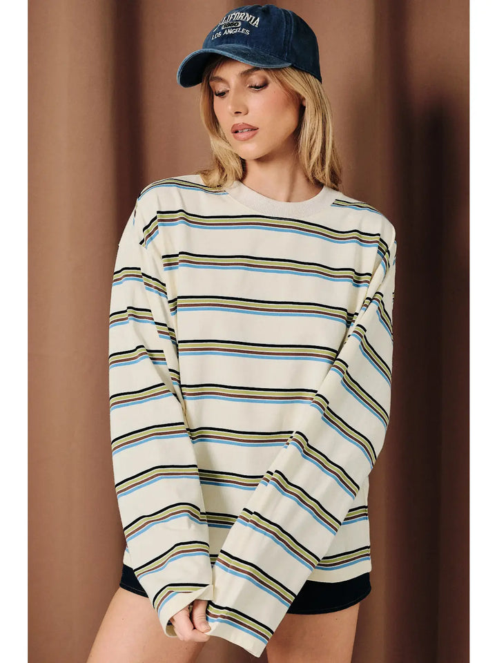 Multi Striped Crew Neck Drop Shoulder Oversized Top