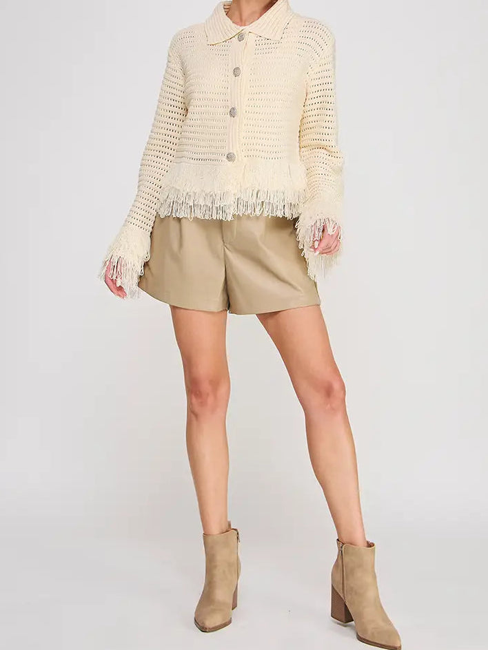 Open Knit Collared Fringe Cardigan