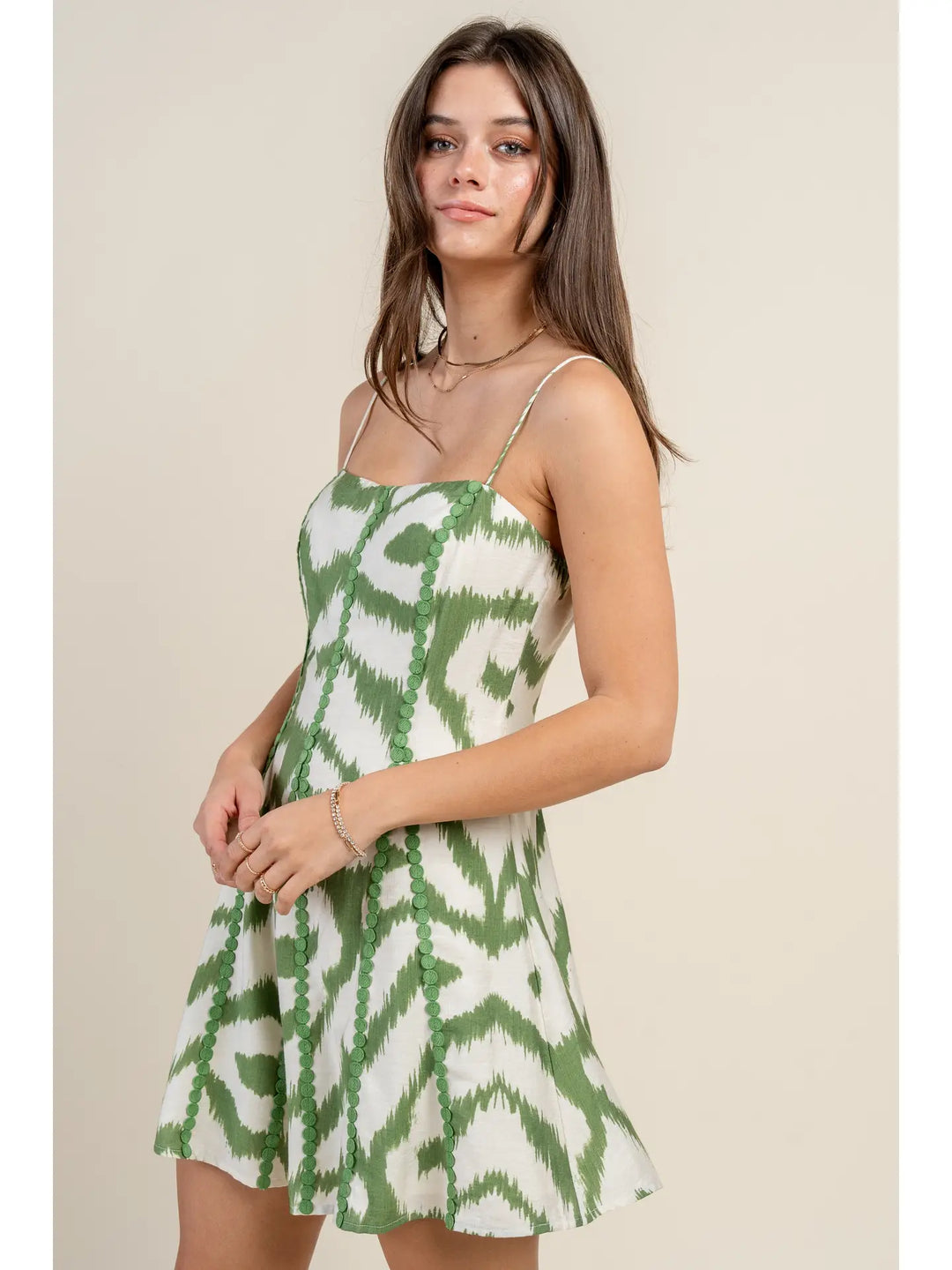 Green Abstract Poly Linen Print Mini Dress