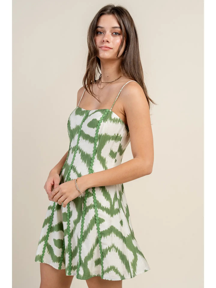 Green Abstract Poly Linen Print Mini Dress