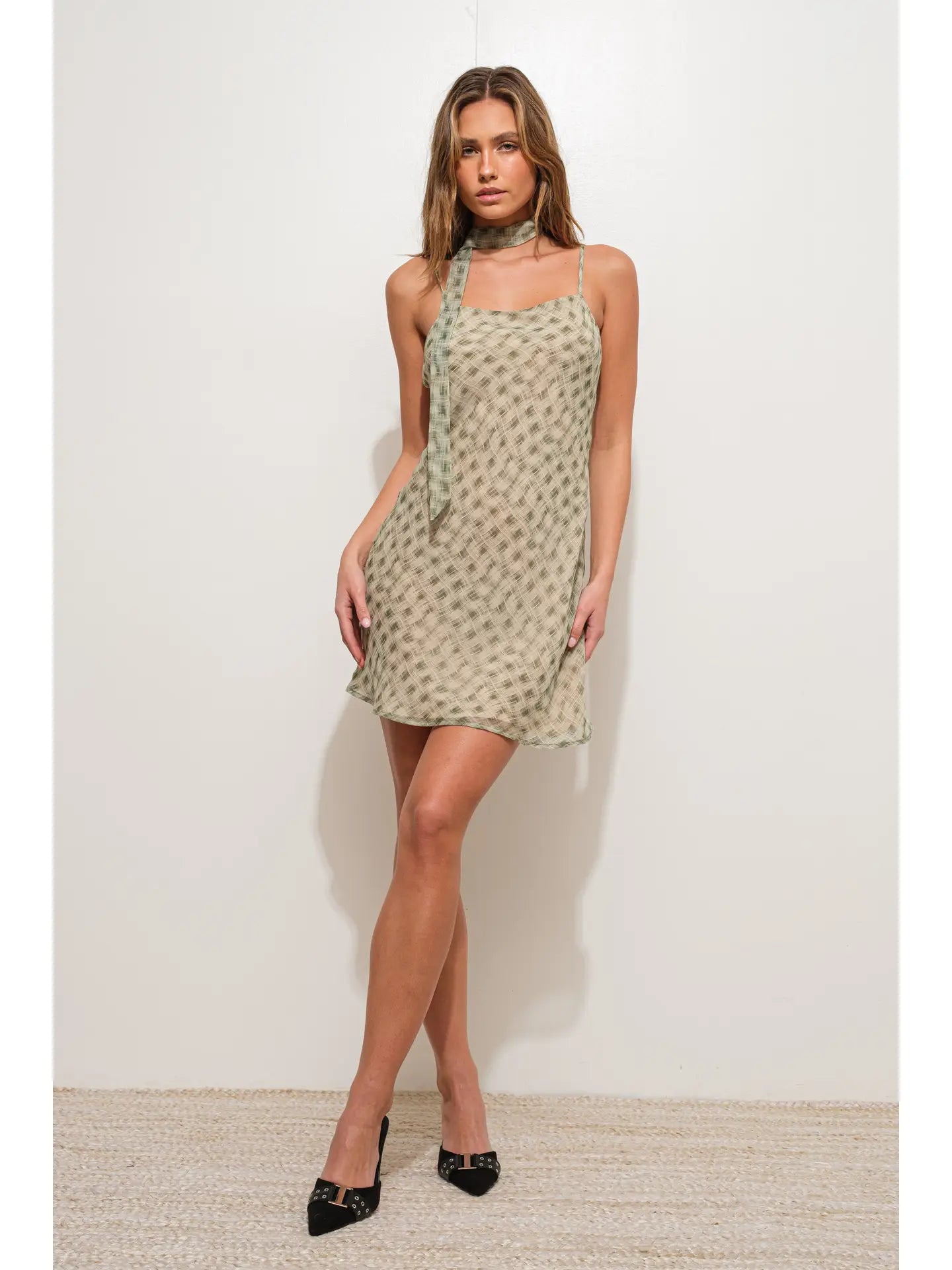 Bias Cut Plaid Mini Dress w/ Skinny Scarf