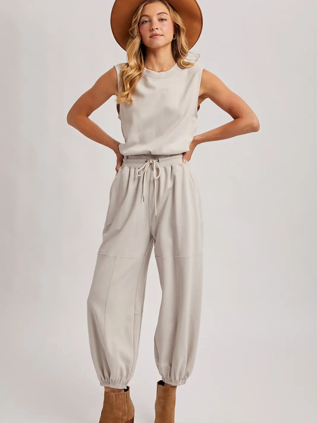 Cream Drawstring Waist Sleeveless Knit Active Jumpsuit