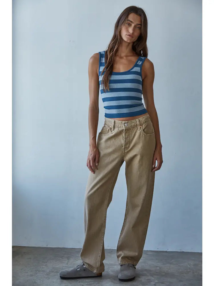 Navy Knit Striped Seamless Padded Tank Top