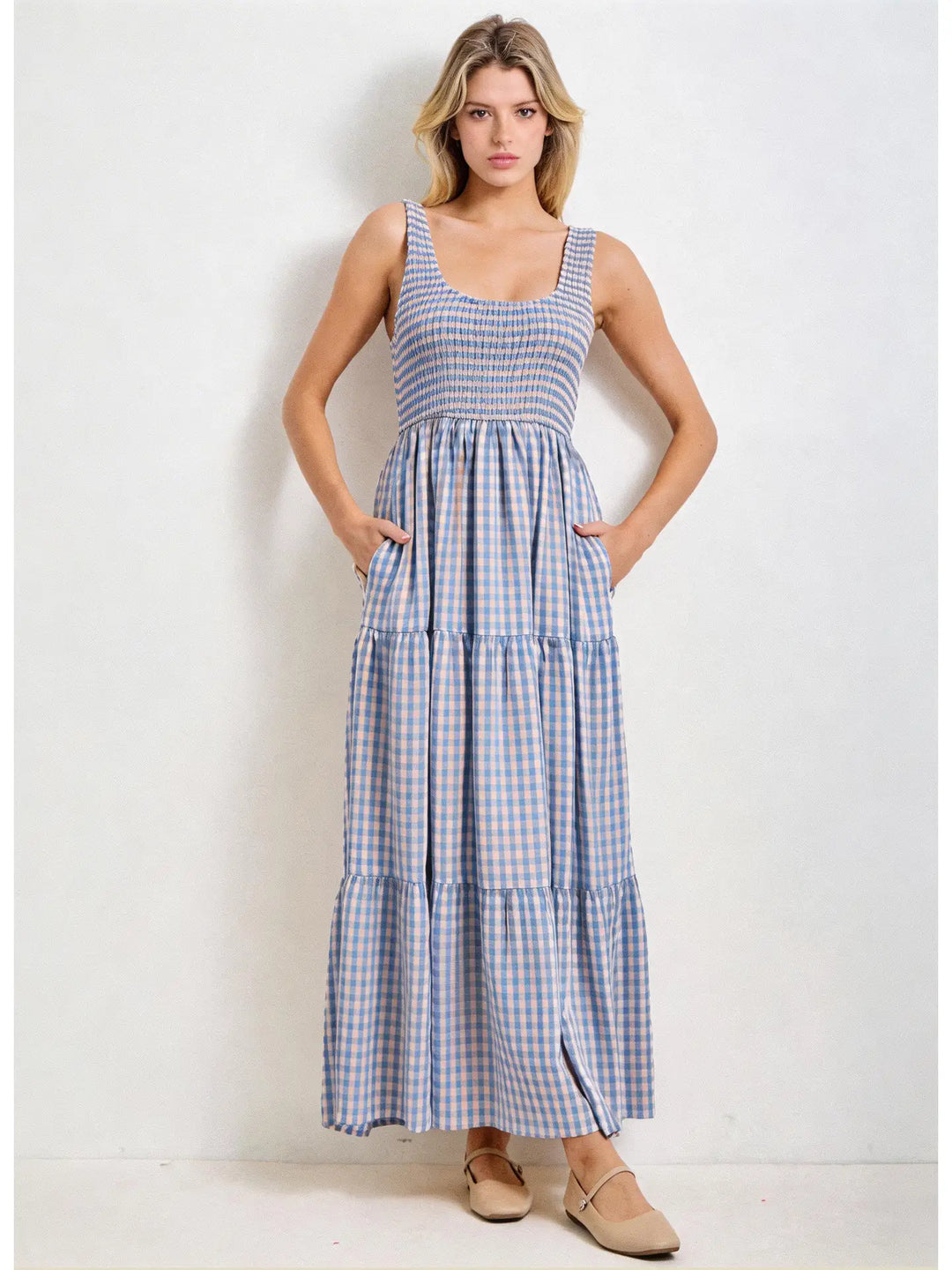 Smocked Bodice Gingham Maxi Dress