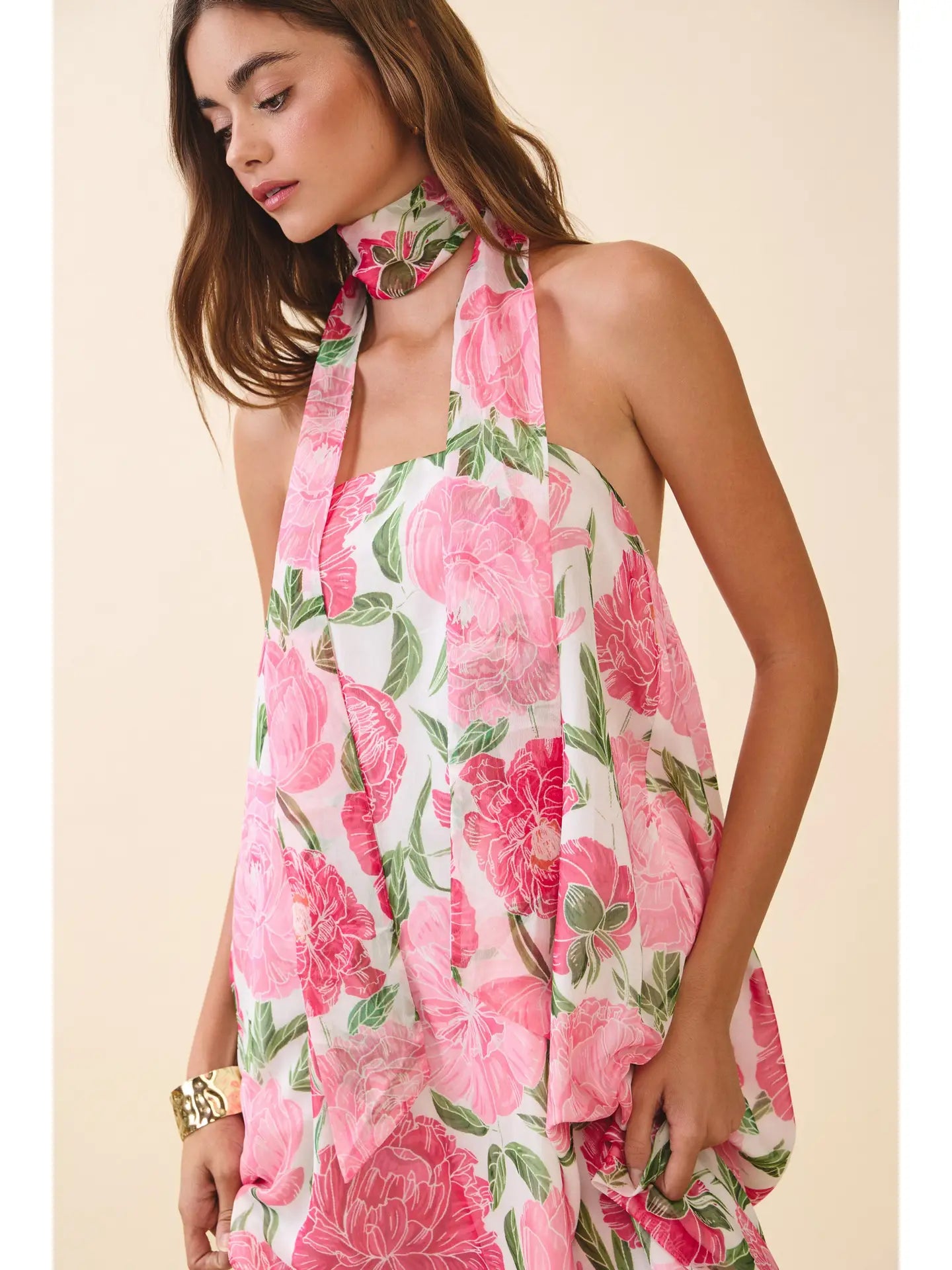 Strapless Floral Maxi Dress with Convertible Scarf