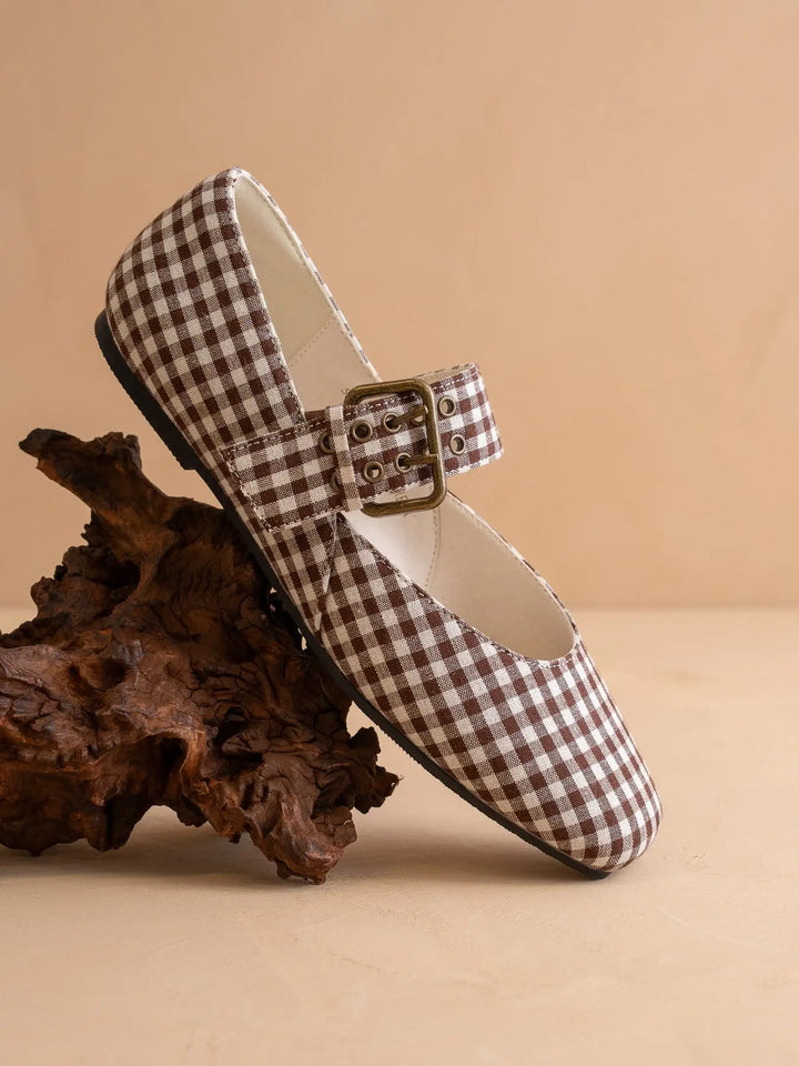 The Soho | Coffee Gingham Ballet Fall Flat Studded Buckle