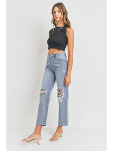 Cropped Distressed Straight Jeans