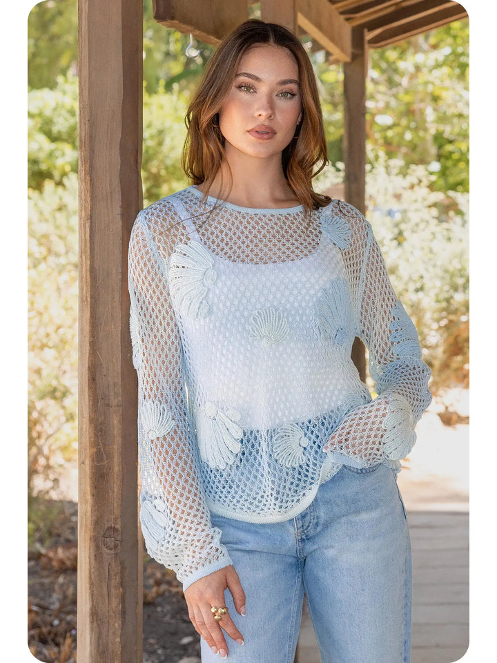 Ombre Coastal Seashell Embroidered Open Knit Top