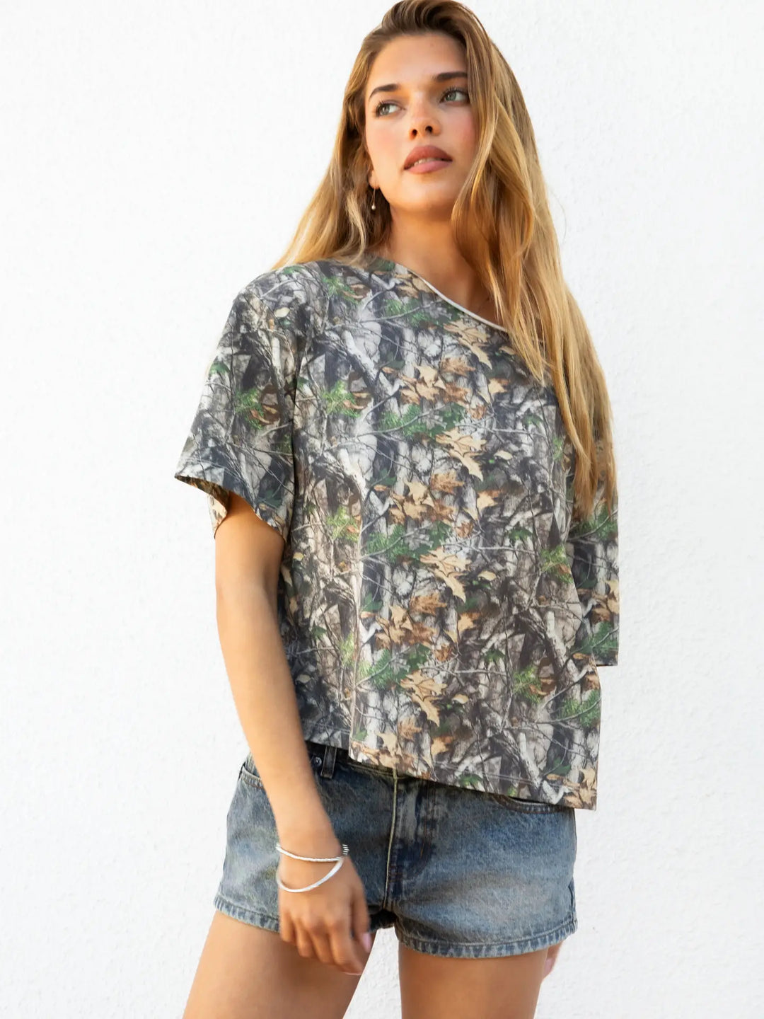 Bayou Camo Print Oversized One Shoulder T Shirt