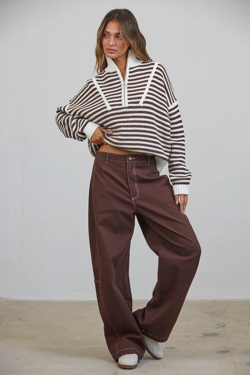 Half-Zip Striped Sweater-Brown