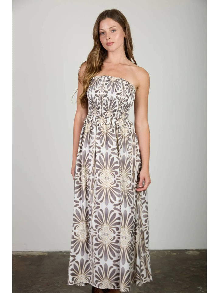 Pattern Strapless Smocked Midi Sundress