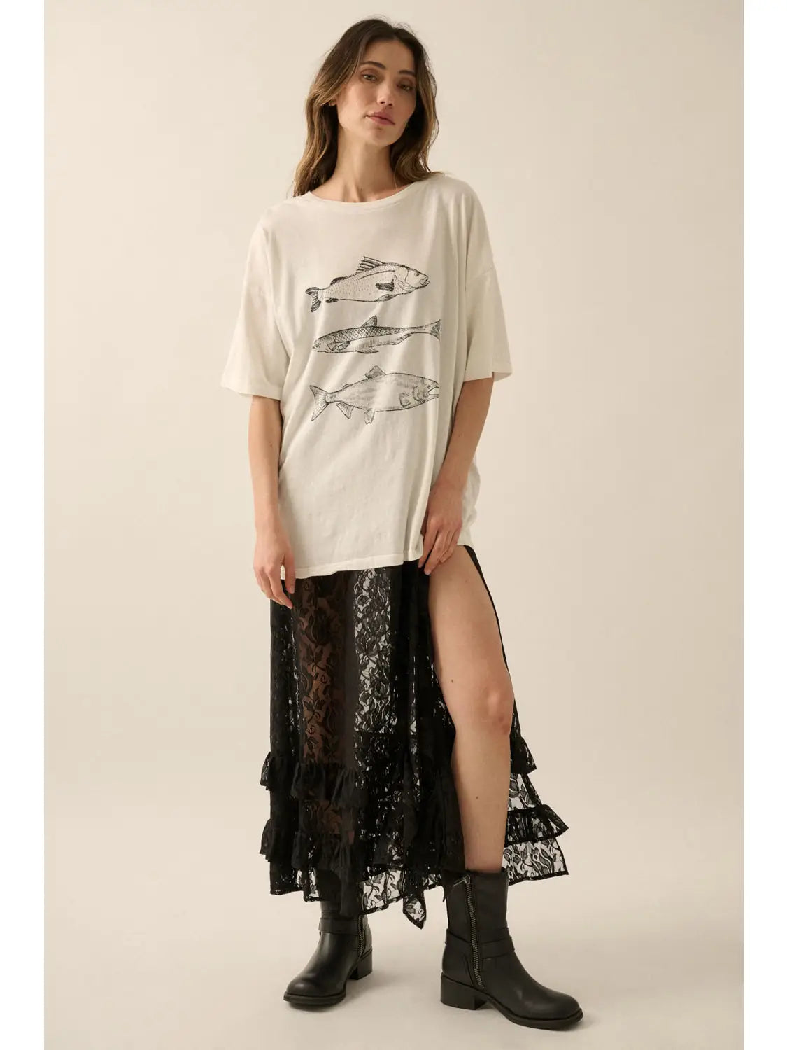 Three Fishes Garment-Washed Oversize Graphic Tee