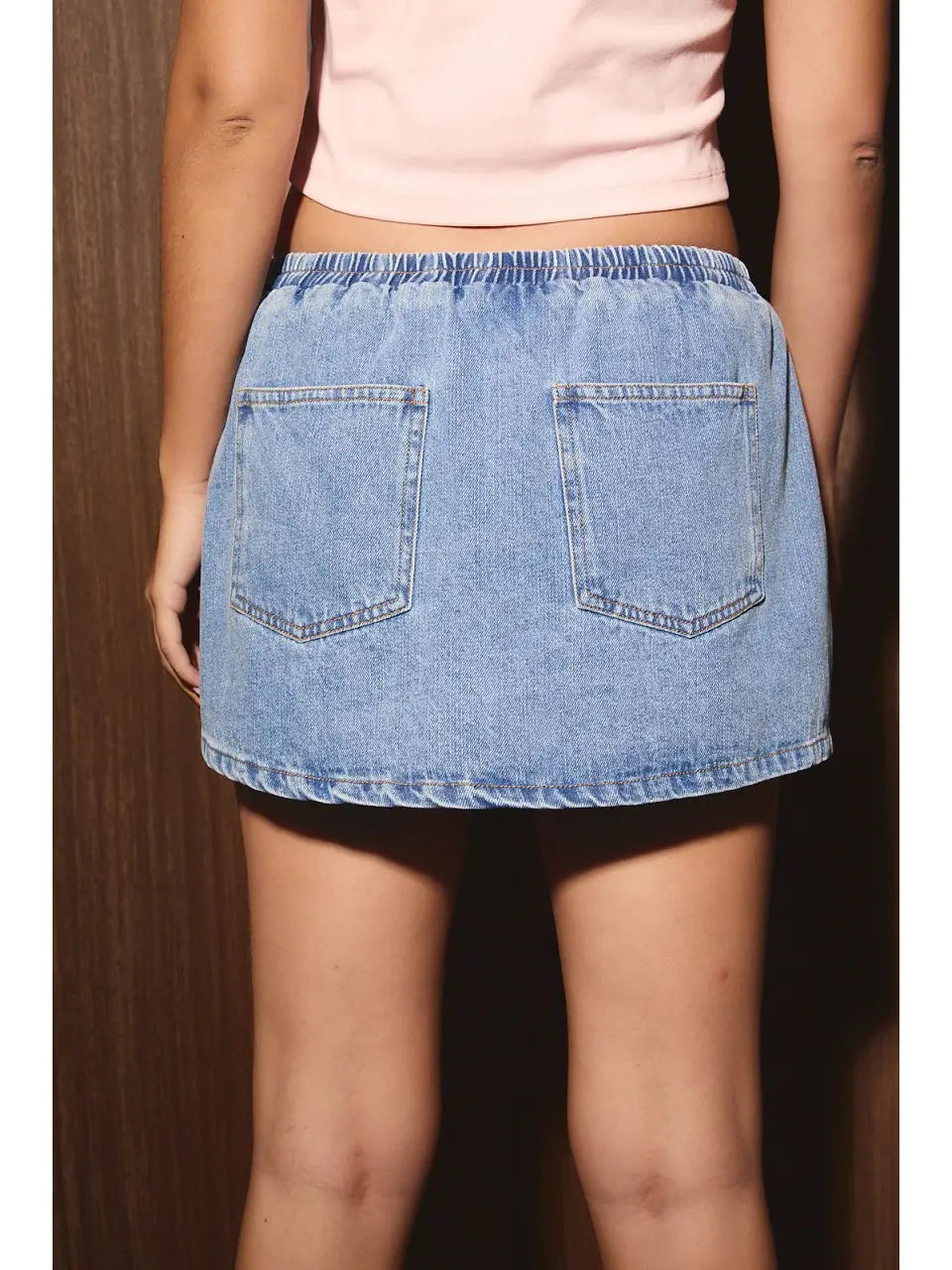 Low Rise Elastic Waist Light Wash Denim Mini Skort