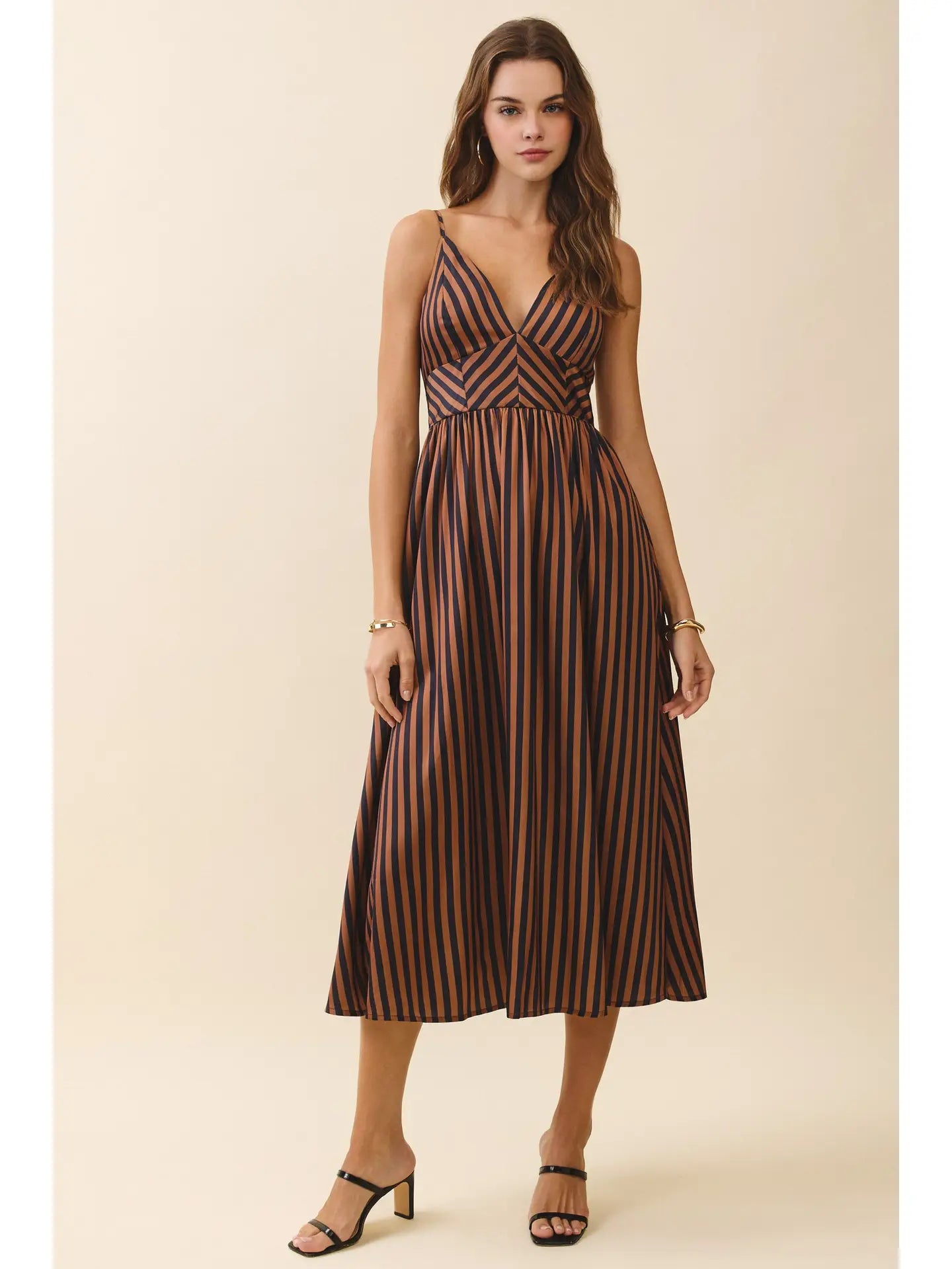 Striped V Neck Smocked Back Midi Dress