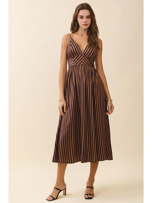Striped V Neck Smocked Back Midi Dress