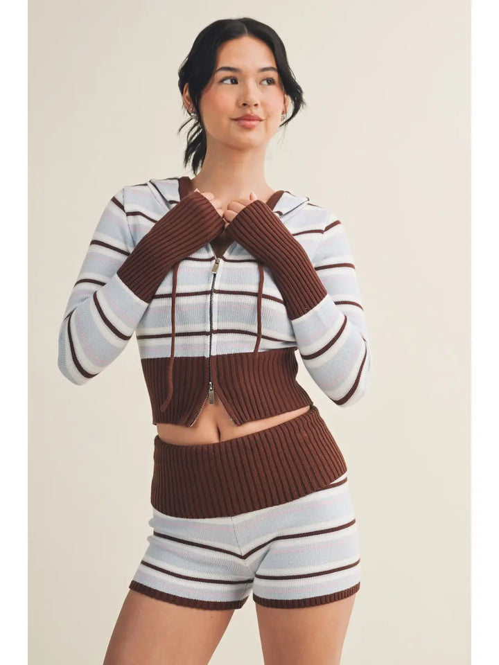 Striped Zip Up Knit Hoodie