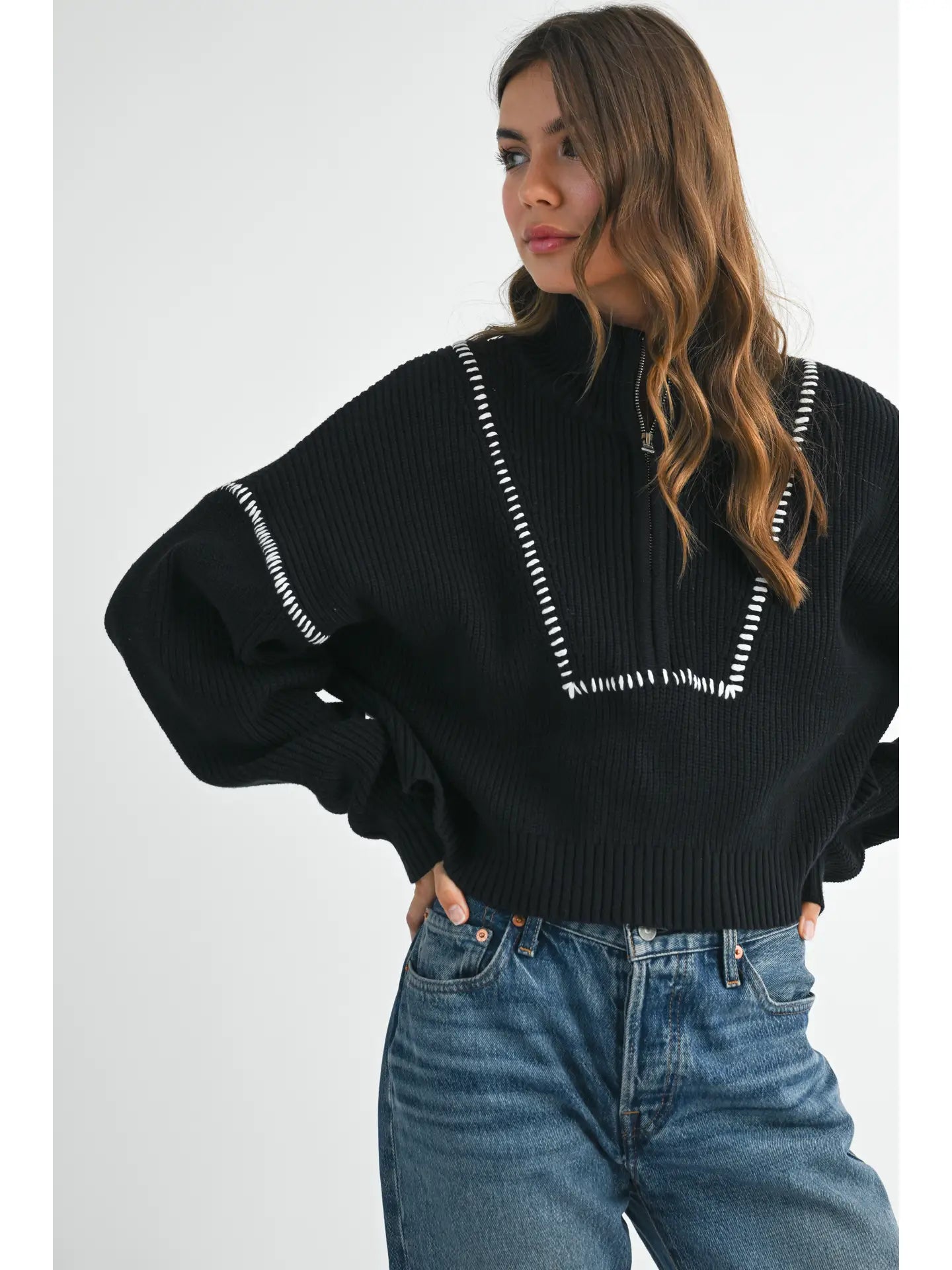 Contrast Stitch Quarter-Zip Sweater