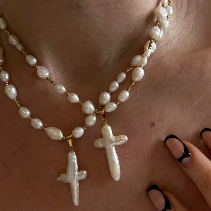 Beaded Pearl Cross Necklace