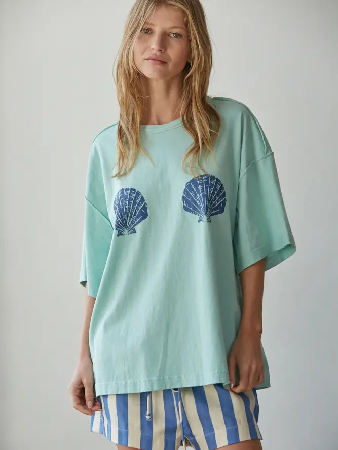 Knit Cotton Graphic Shell Print Crew Oversized Top