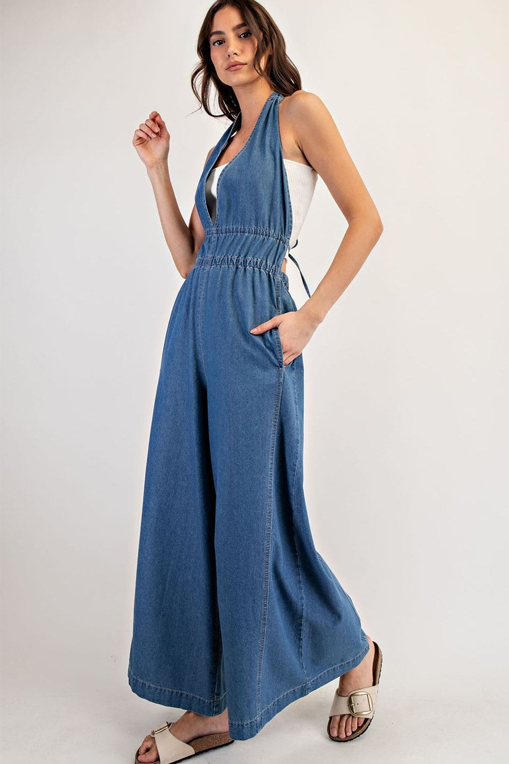 Denim Sleeveless Halter Jumpsuit