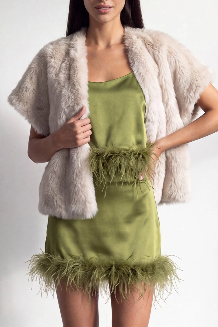 Chic Fur Trim Satin Cami Crop Top
