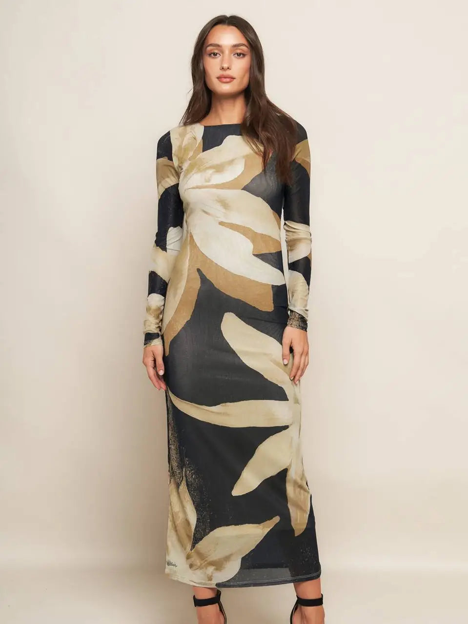 A Printed Power Mesh Midi Dress