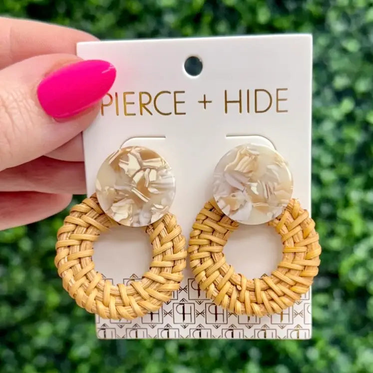Rattan Button Drop Disc Earrings