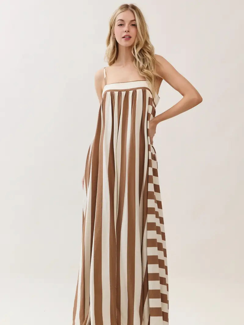 Mocha Striped Print Sleeveless Maxi Dress