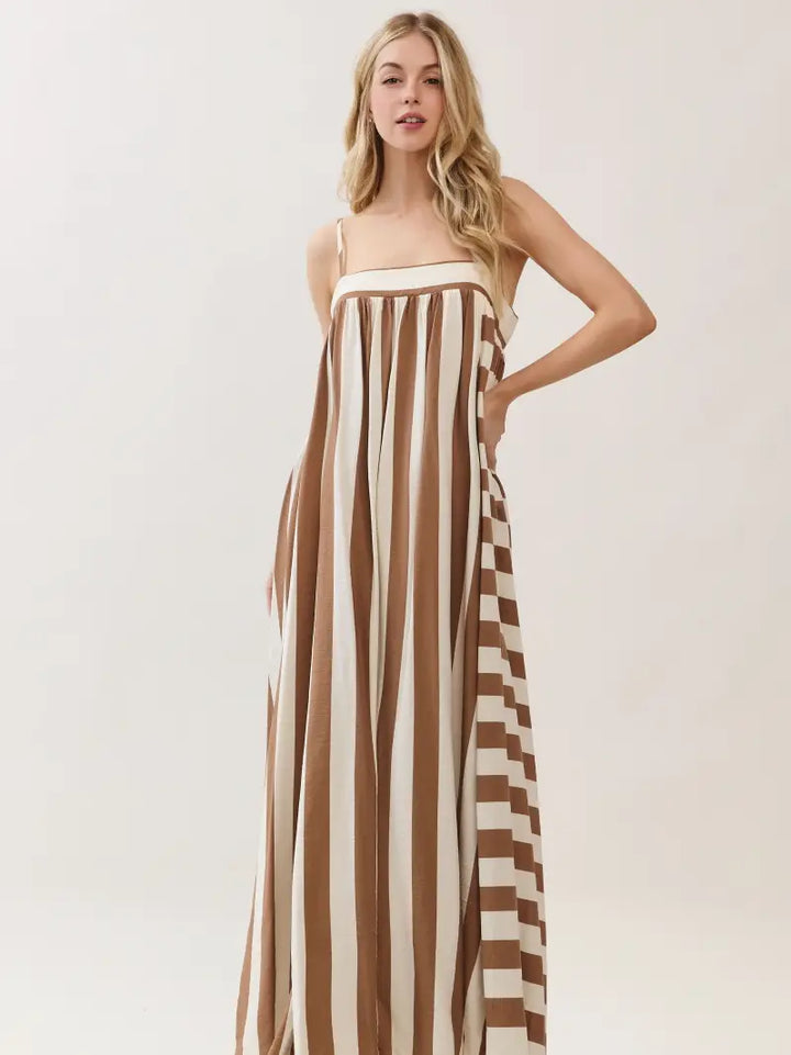 Mocha Striped Print Sleeveless Maxi Dress