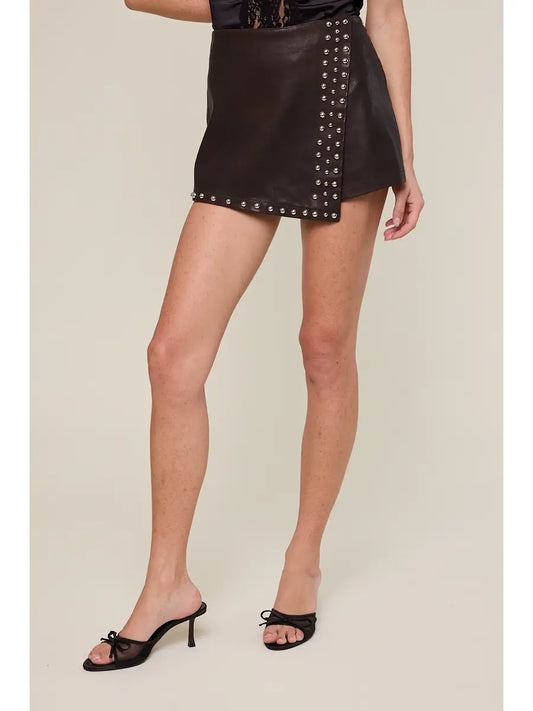 Faux Leather Asymmetric Studded Mini Skort