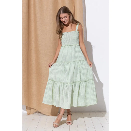 Tiered Smocking Gingham Midi Dress
