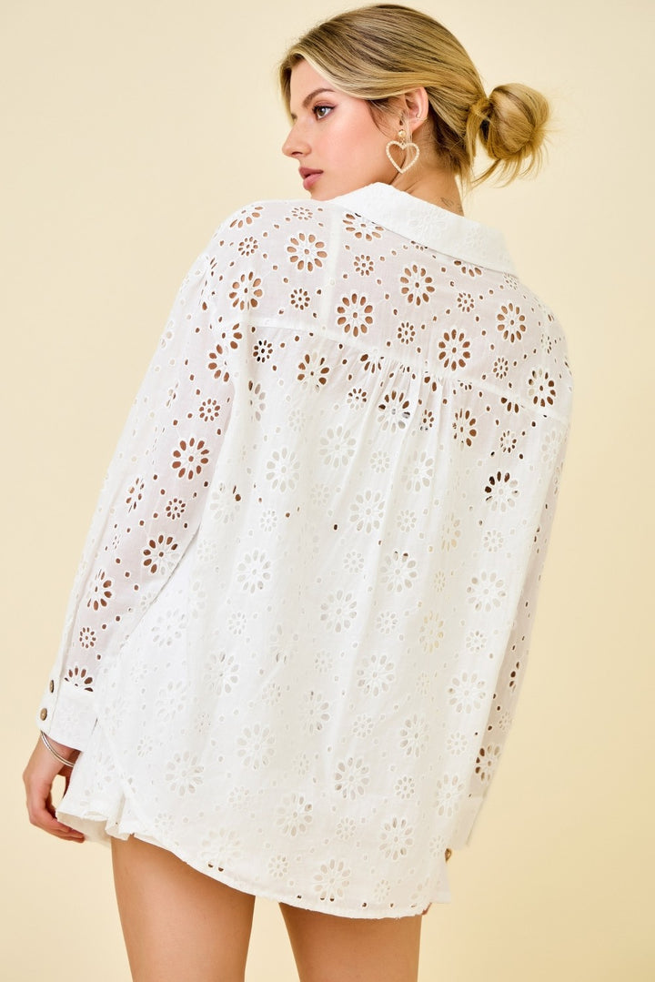 Sheer Eyelet Flower Embroidered Button Down Shirt Top