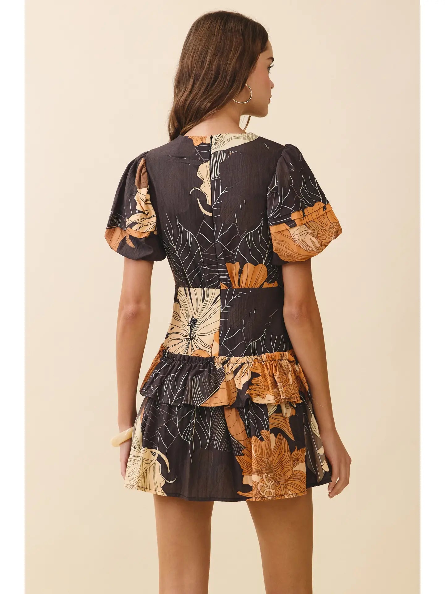 Floral Print Fitted Bodice Waist Cutout Mini Dress