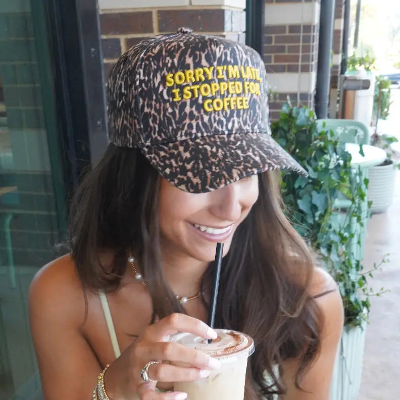 Sorry I'm Late, I Stopped For Coffee - Luxe Leopard Trucker Hat