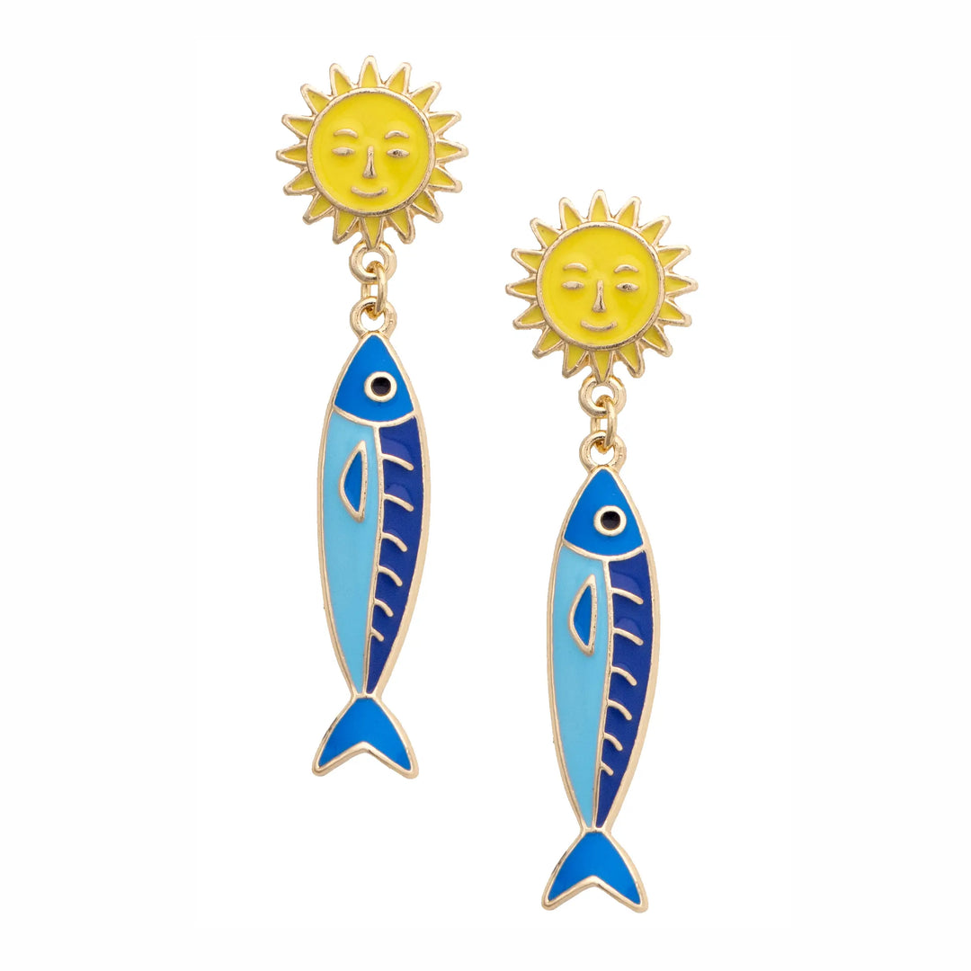 Sardine Enamel Sun Earrings in Blue and Yellow