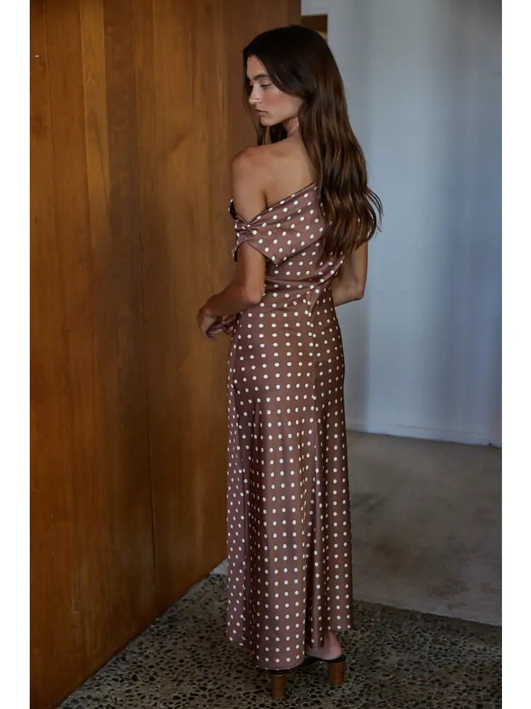 Woven Polyester Satin Polka Dot Cowl Neck Maxi Dress